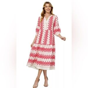 New Anthropologie Figueroa & Flower Small S V Neck Midi Dress Boho Cream Berry